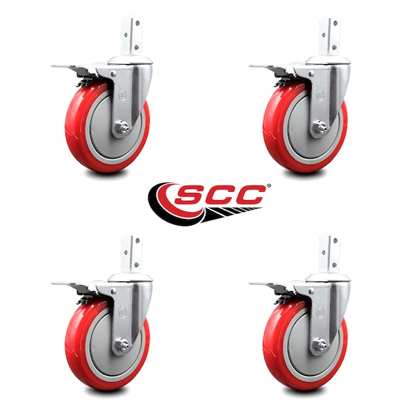 5 Inch Red Poly Wheel Swivel 3/4 Inch Square Stem Caster Set Total Lock Brake